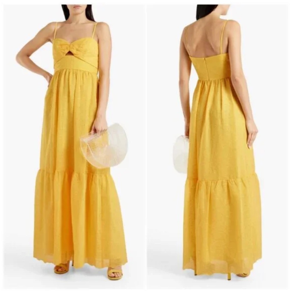MONIQUE LHUILLIER Eyelet Cutout Tiered Maxi Dress ~ Limoncello Yellow size 8
